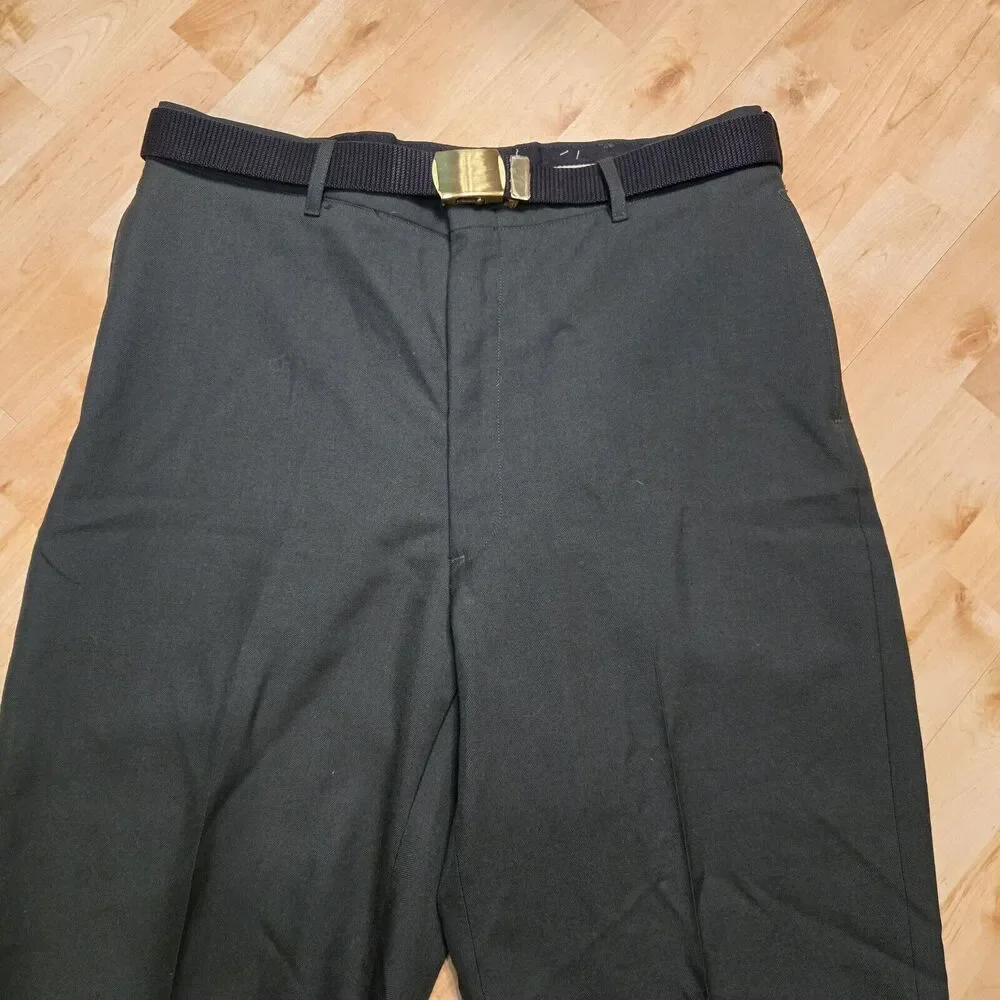 VINTAGE Military Pants Mens 35R Green Wool Blend‎ Trousers Unhemmed Brass Belt
